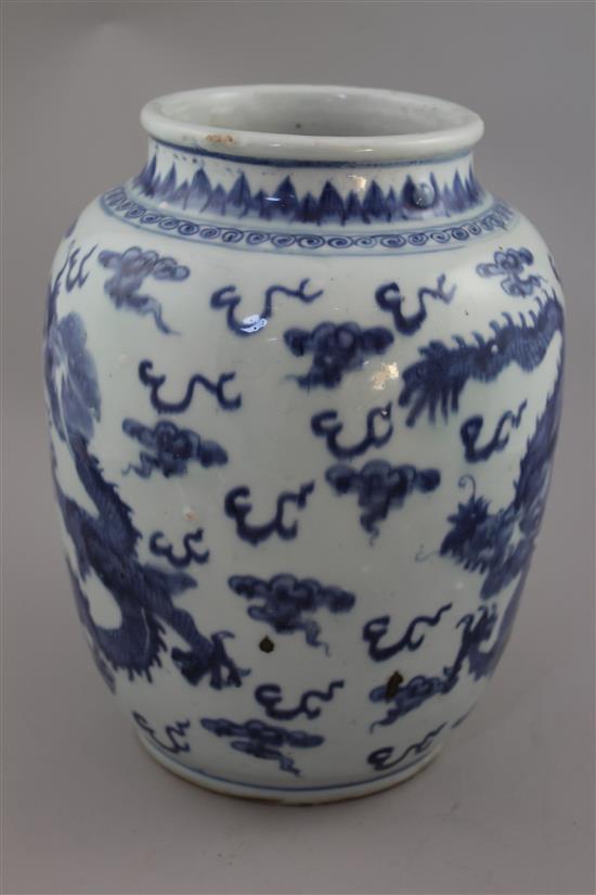 A Chinese blue and white ovoid vase, in Transitional style, 25.5cm